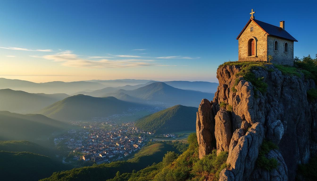 découvrez une chapelle suspendue sur un piton volcanique en auvergne, offrant une vue impressionnante qui semble survoler la ville environnante.
