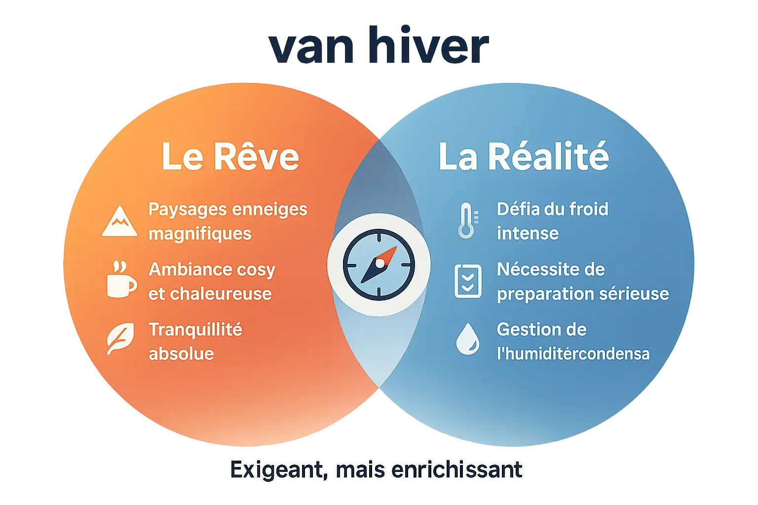 Van enneigé dans un paysage hivernal, symbole du rêve et de la réalité de la vanlife